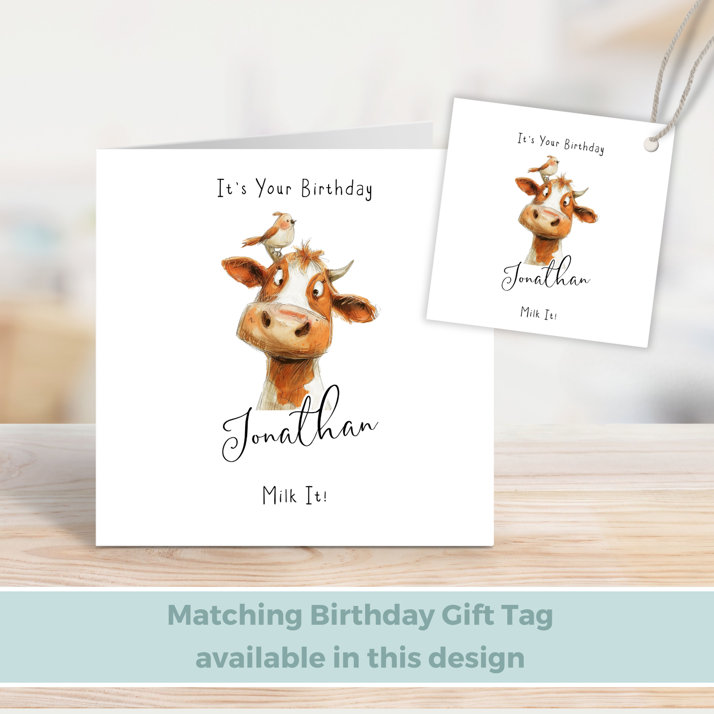 Editable Birthday Card - Cow with Bird