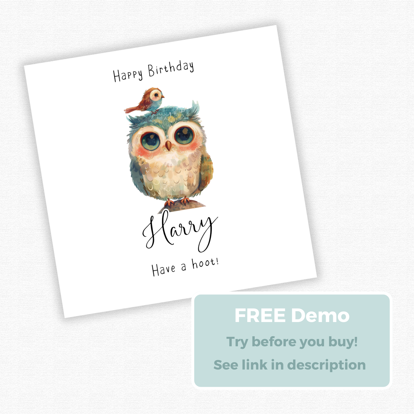 Editable Birthday Card - Owl with Bird