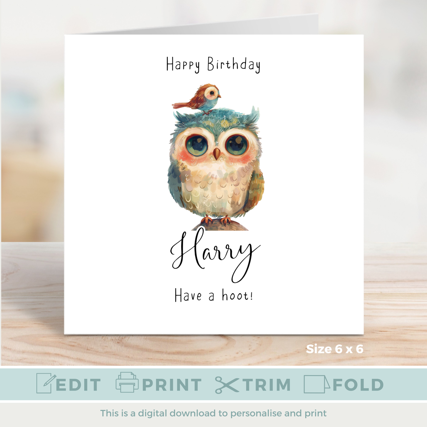 Editable Birthday Card - Owl with Bird