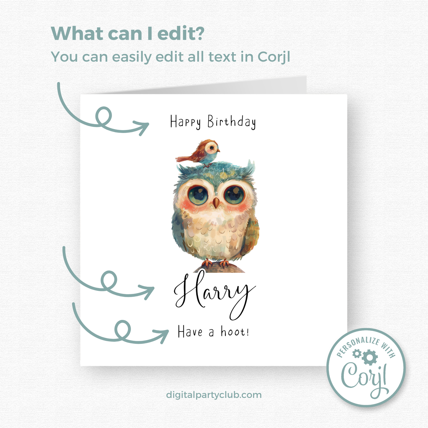 Editable Birthday Card - Owl with Bird