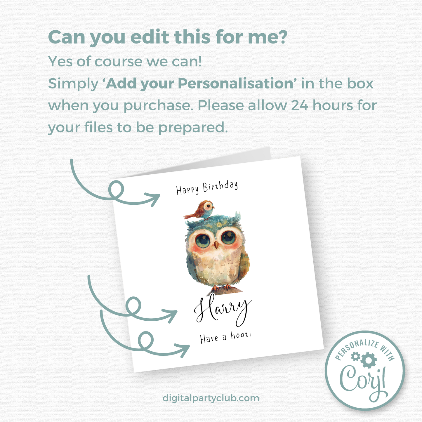 Editable Birthday Card - Owl with Bird