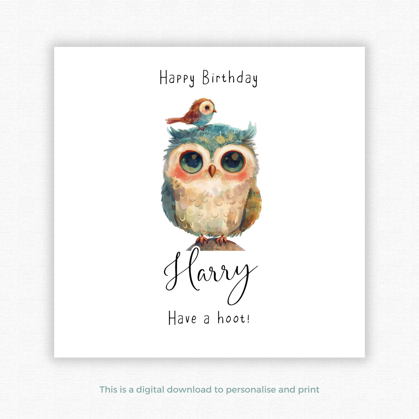 Editable Birthday Card - Owl with Bird