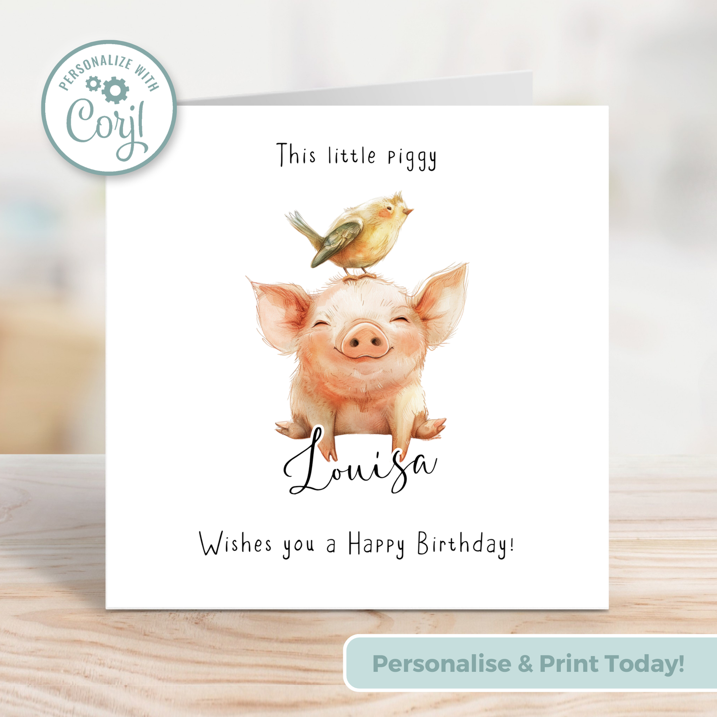 Editable Birthday Card - Pig with Bird