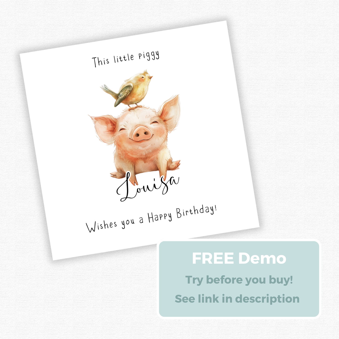 Editable Birthday Card - Pig with Bird