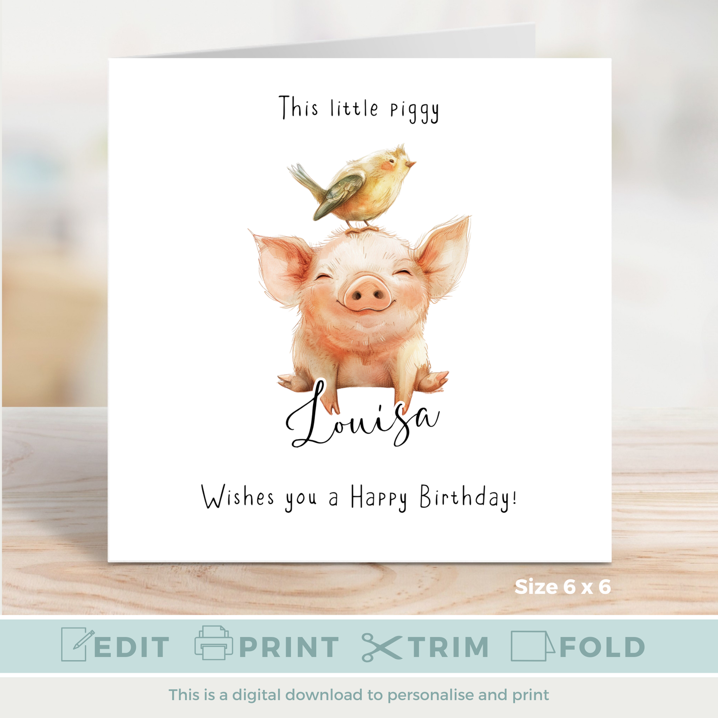 Editable Birthday Card - Pig with Bird