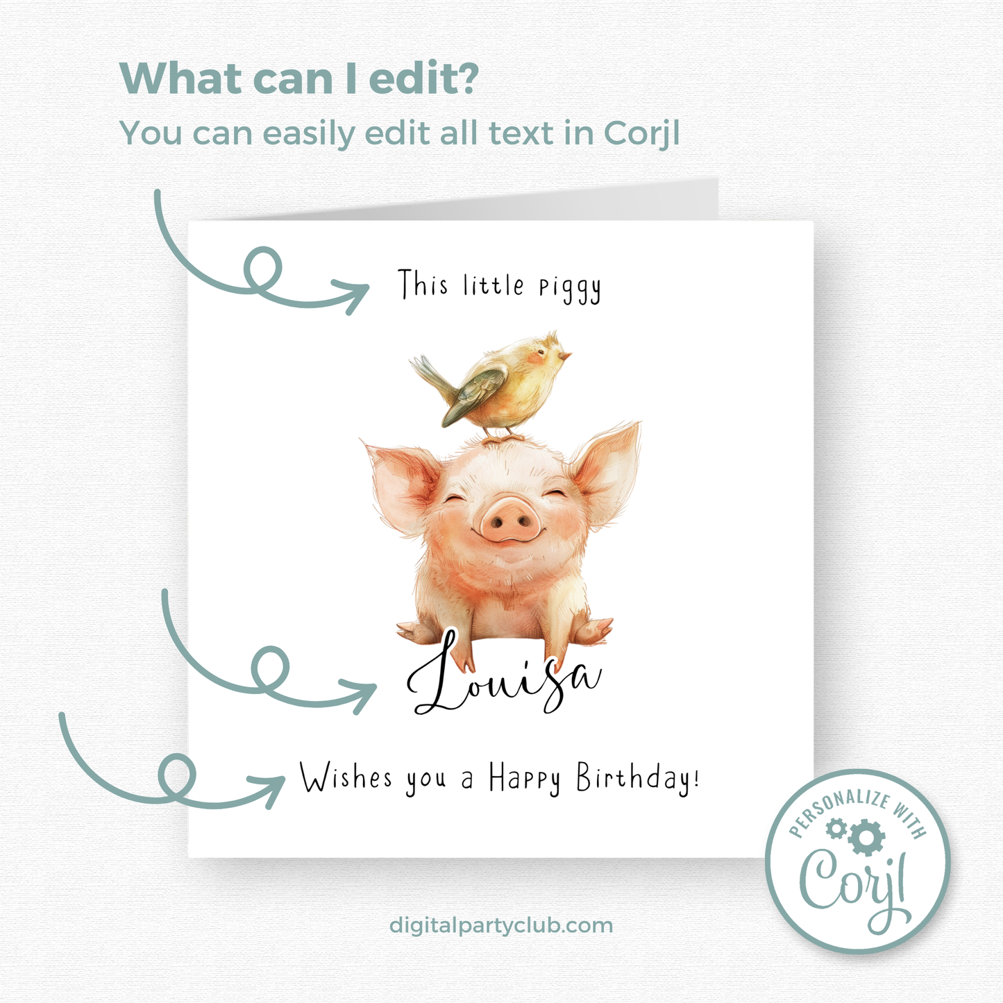 Editable Birthday Card - Pig with Bird