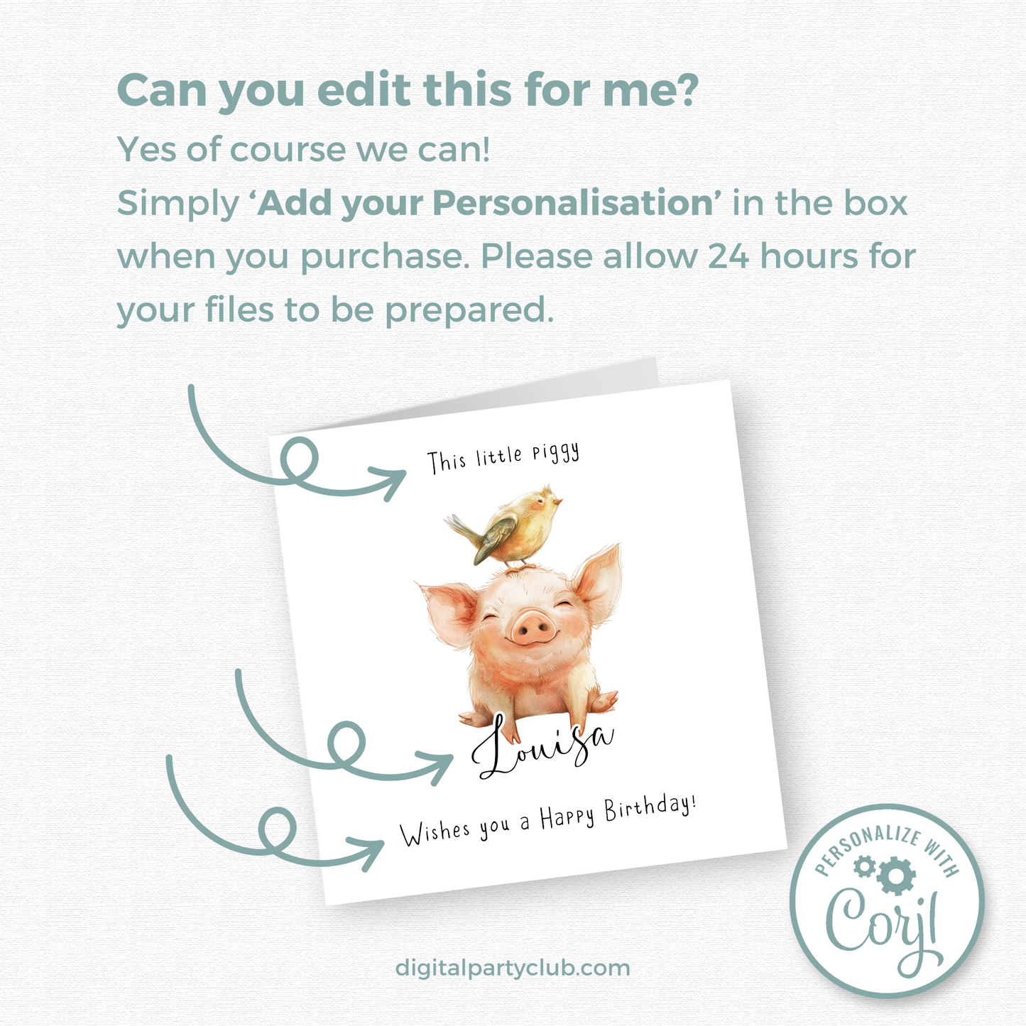 Editable Birthday Card - Pig with Bird