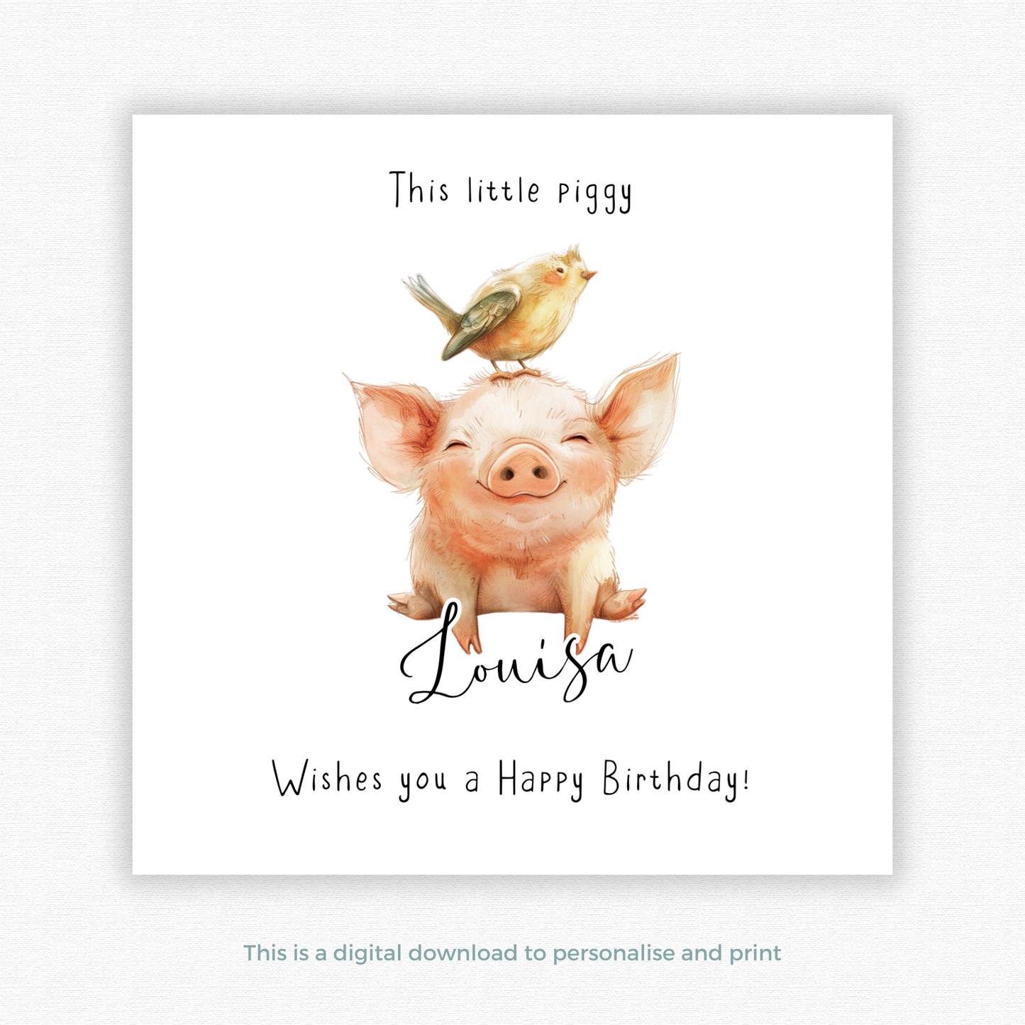 Editable Birthday Card - Pig with Bird