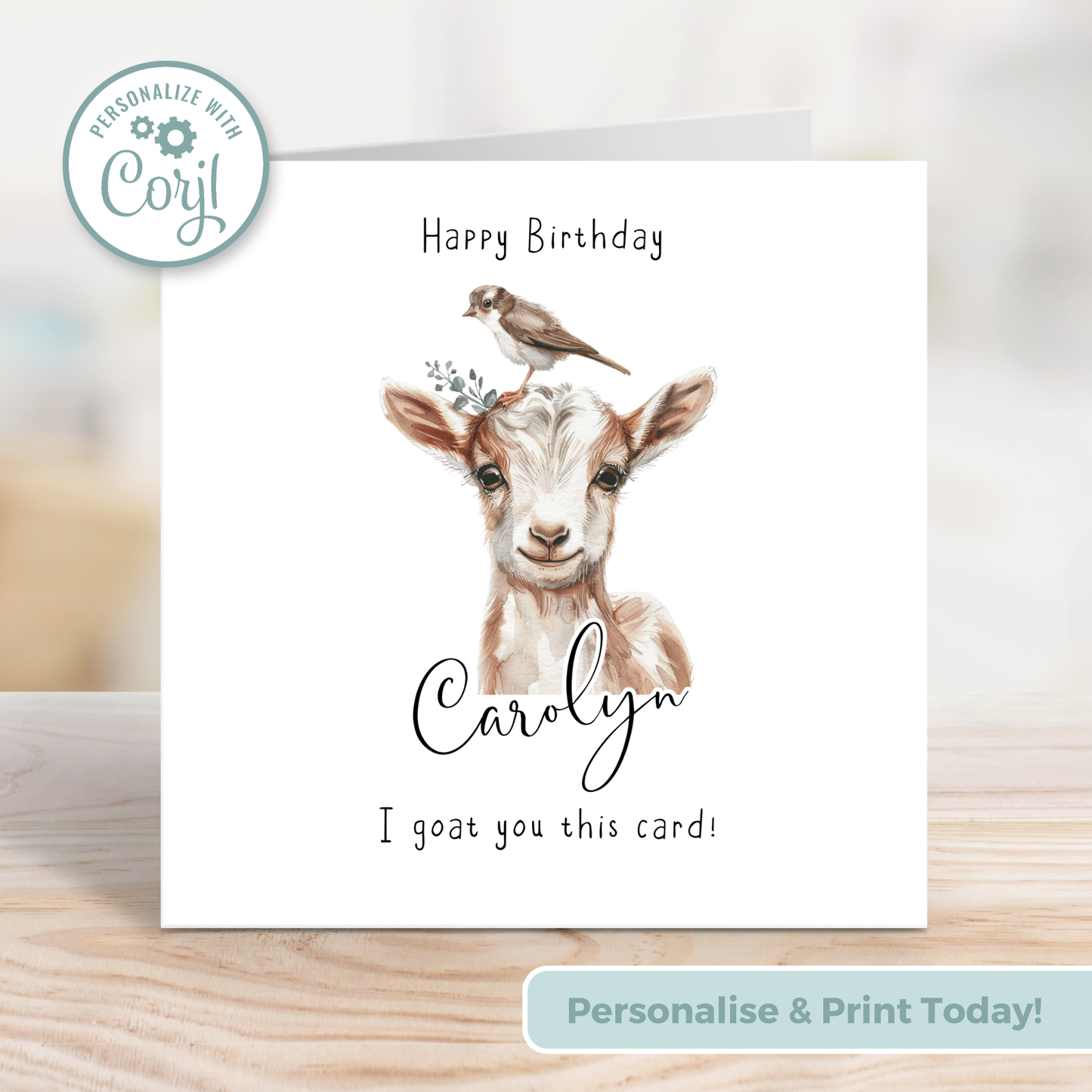 Editable Birthday Card - Goat with Bird