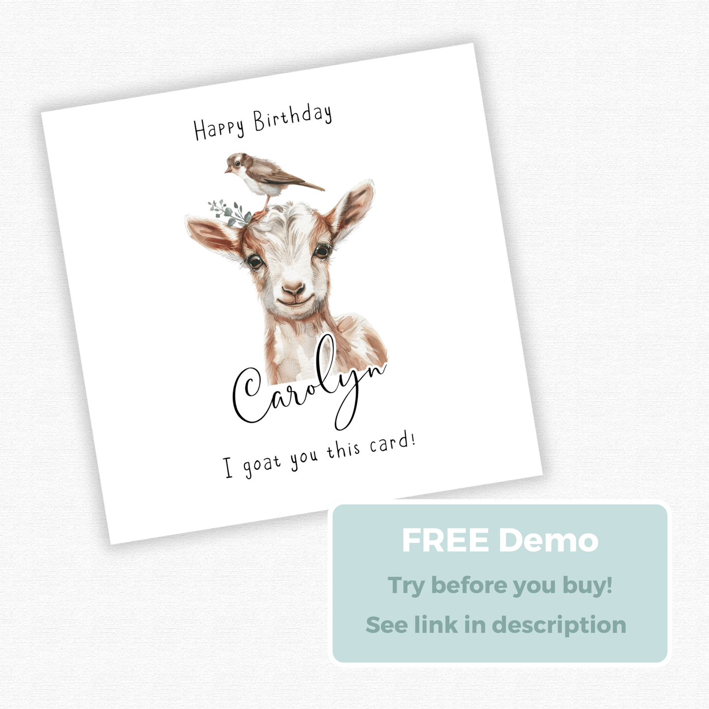 Editable Birthday Card - Goat with Bird