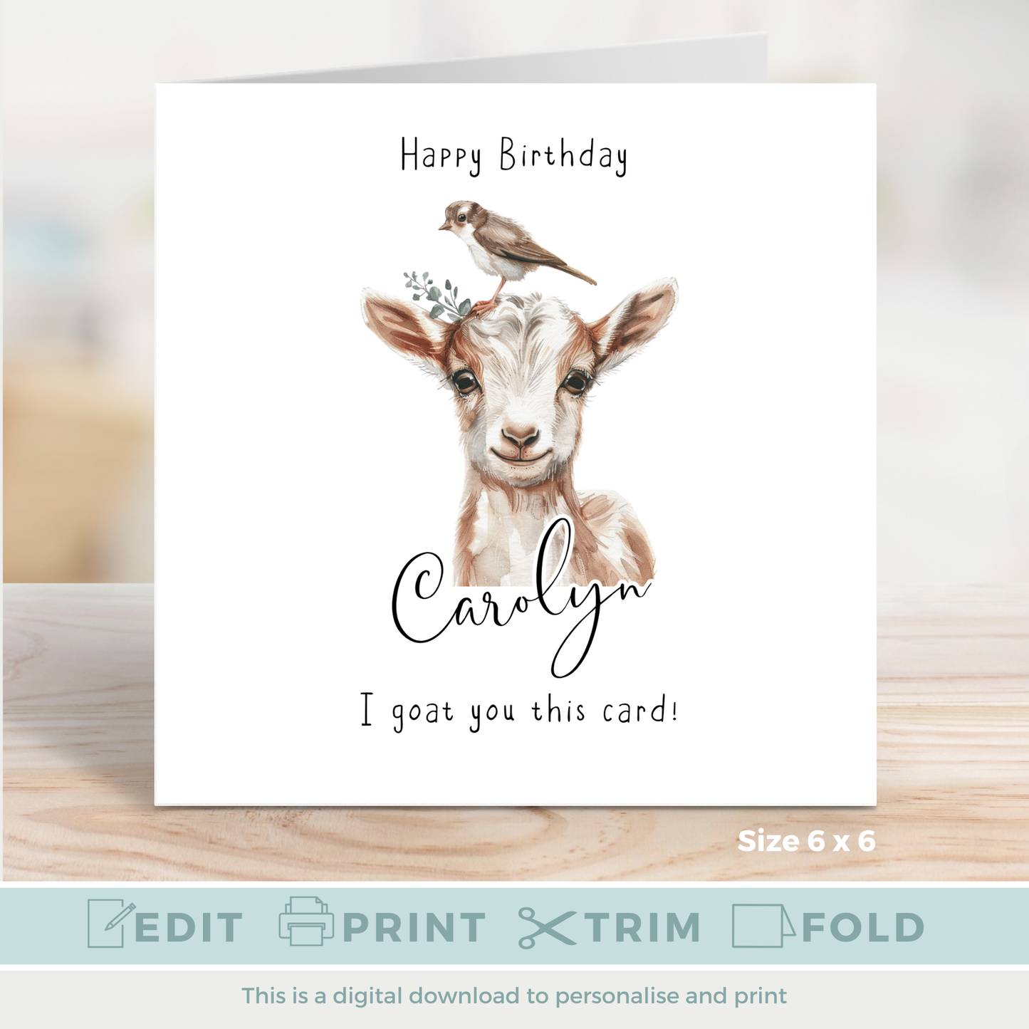 Editable Birthday Card - Goat with Bird