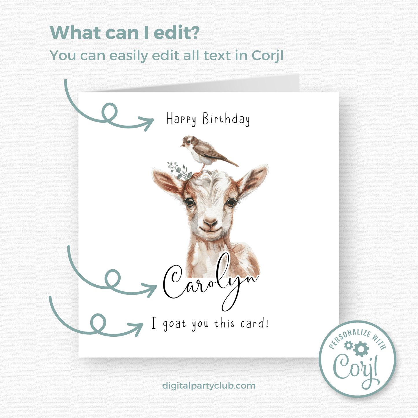 Editable Birthday Card - Goat with Bird