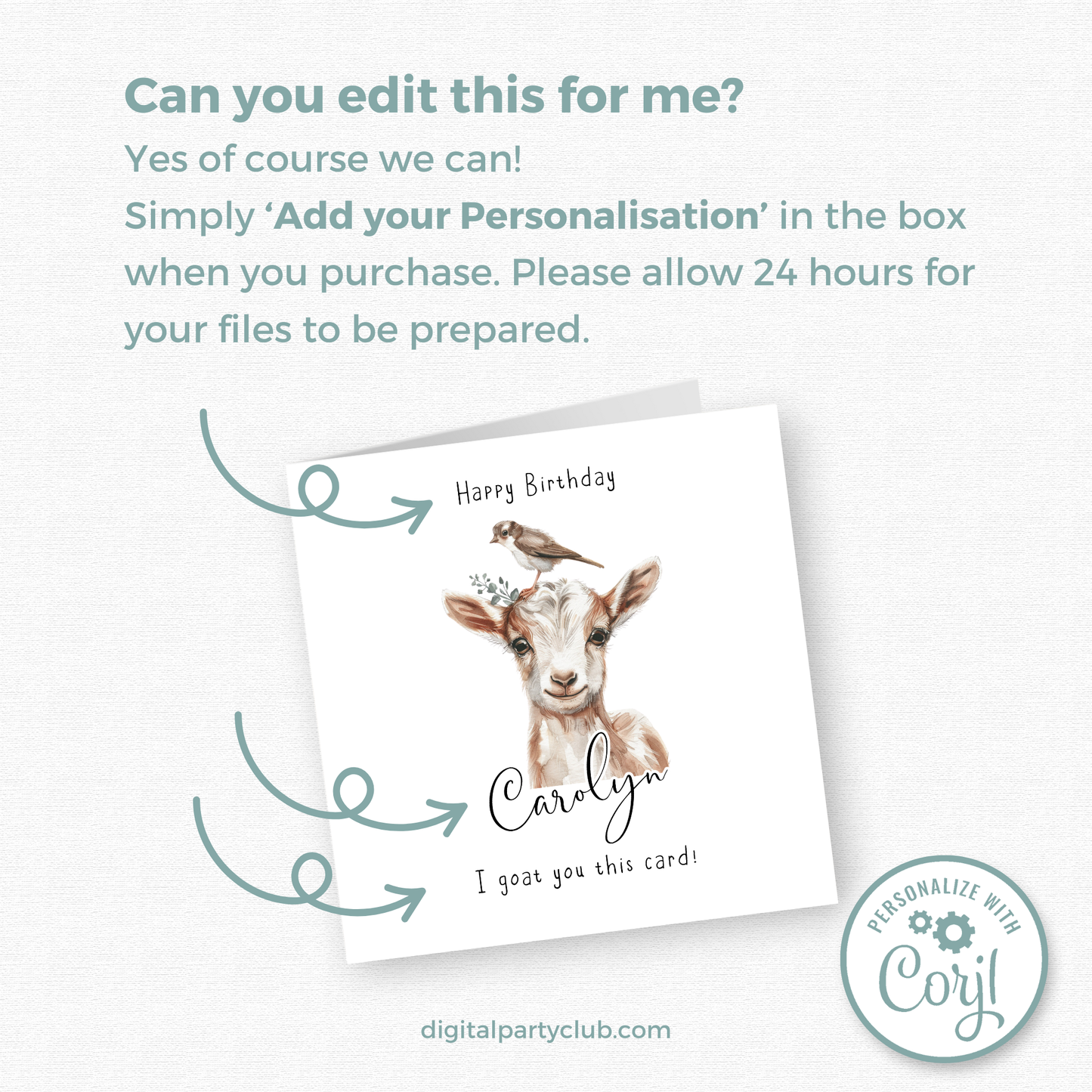 Editable Birthday Card - Goat with Bird