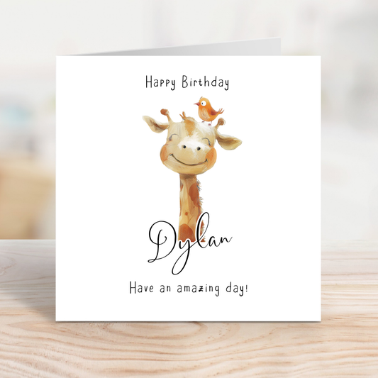 Editable Birthday Card - Giraffe with Bird
