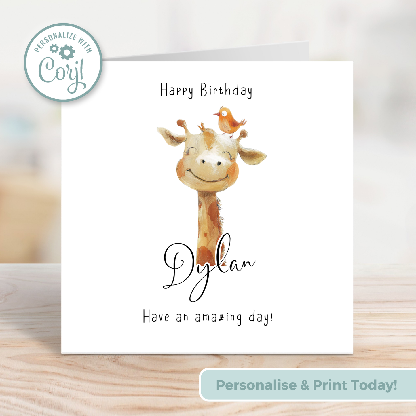 Editable Birthday Card - Giraffe with Bird