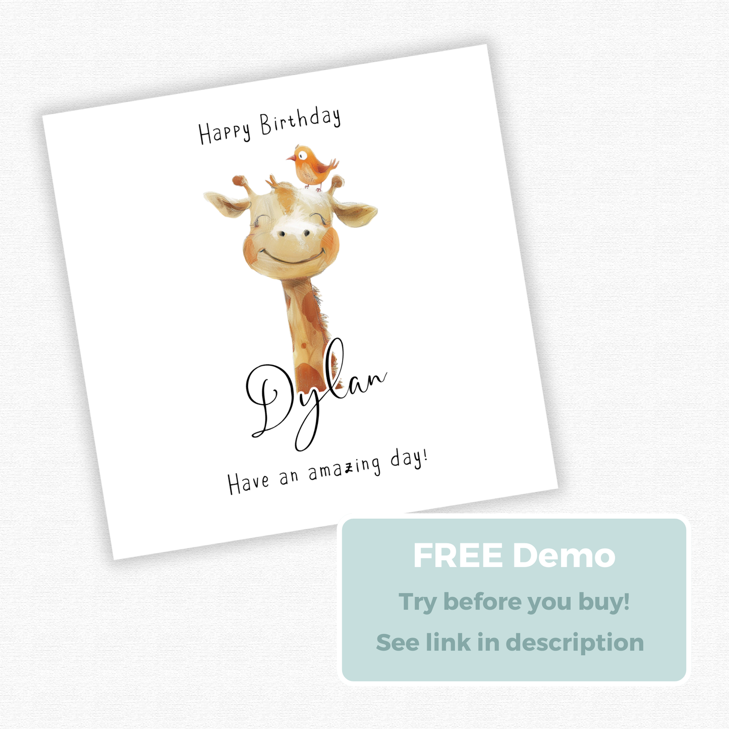 Editable Birthday Card - Giraffe with Bird