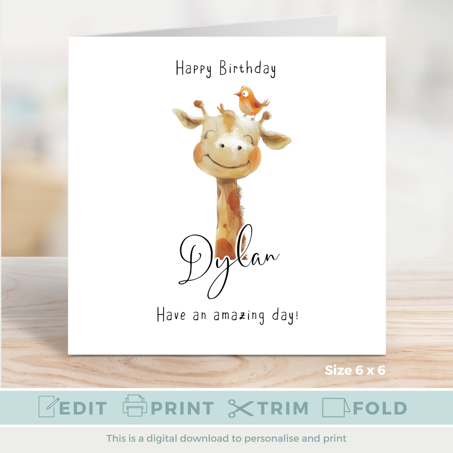 Editable Birthday Card - Giraffe with Bird