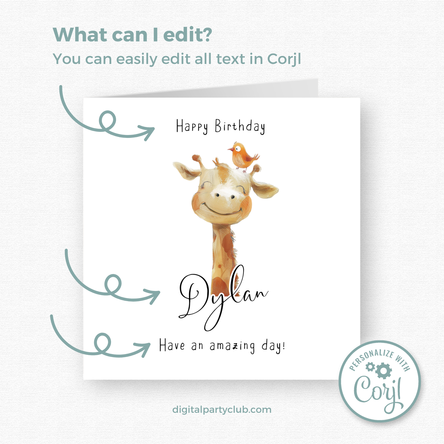Editable Birthday Card - Giraffe with Bird