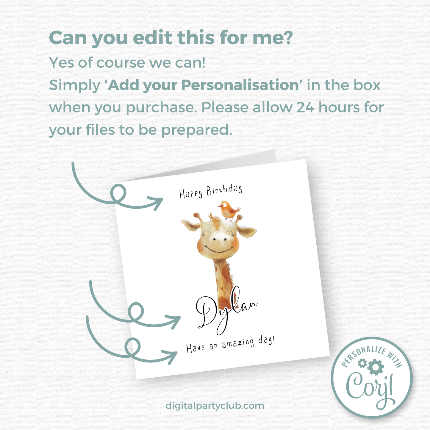 Editable Birthday Card - Giraffe with Bird
