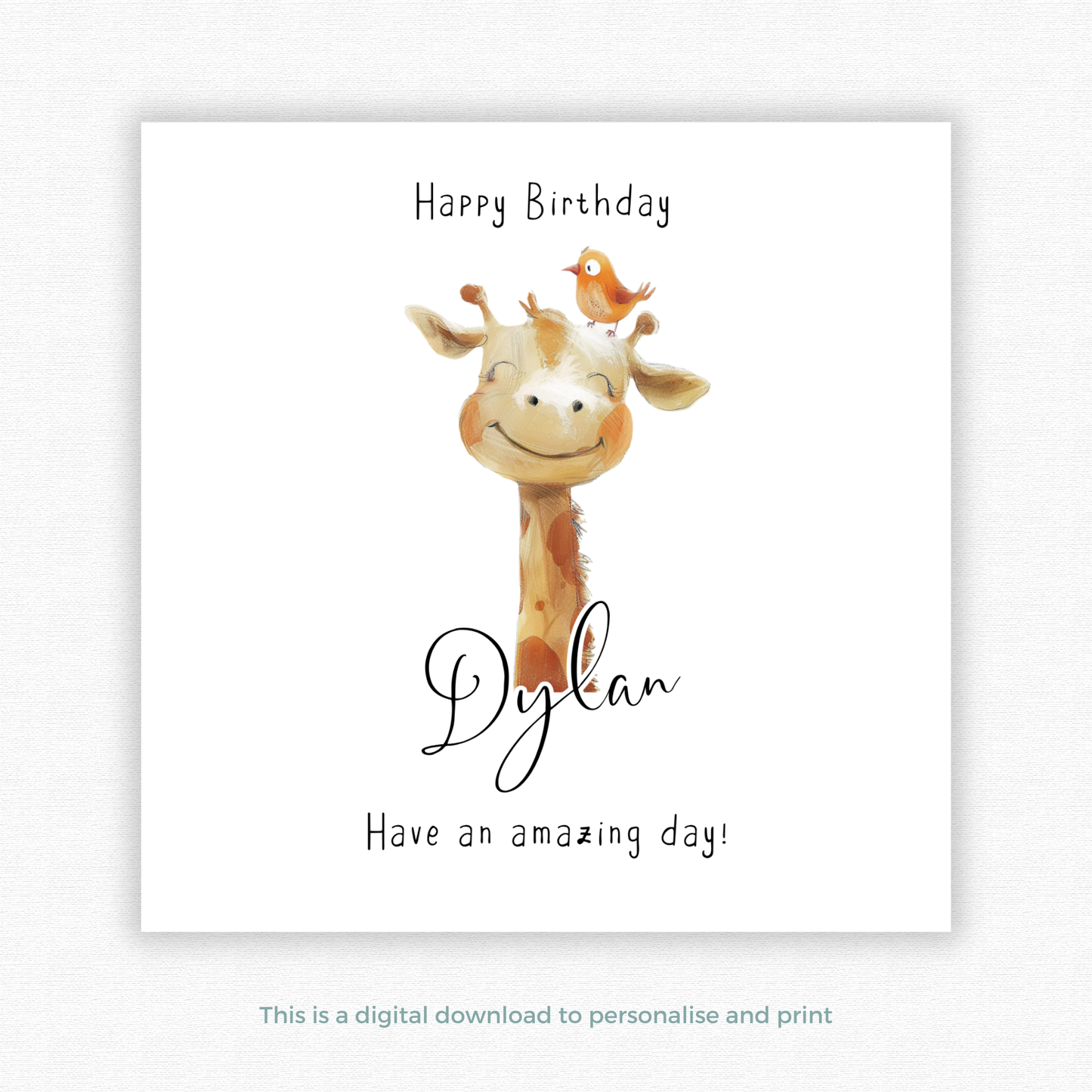 Editable Birthday Card - Giraffe with Bird