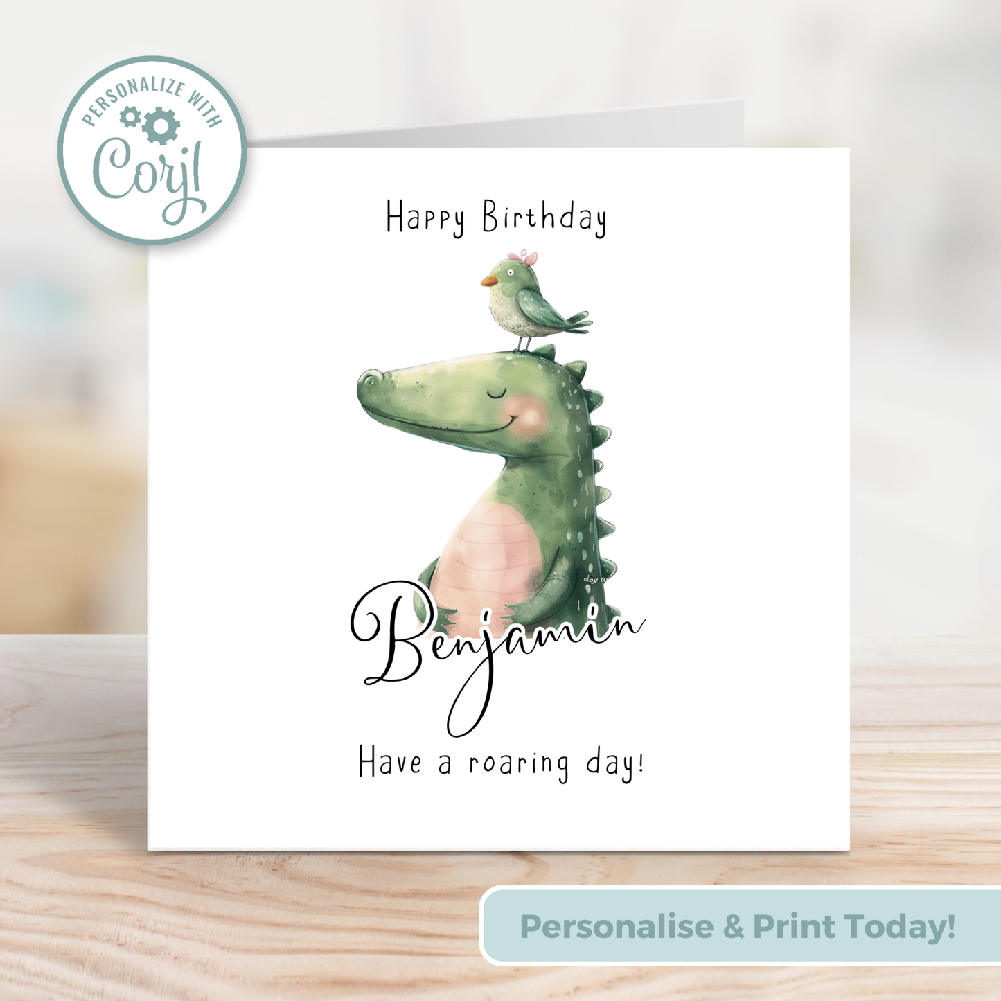 Editable Birthday Card - Dinosaur with Bird