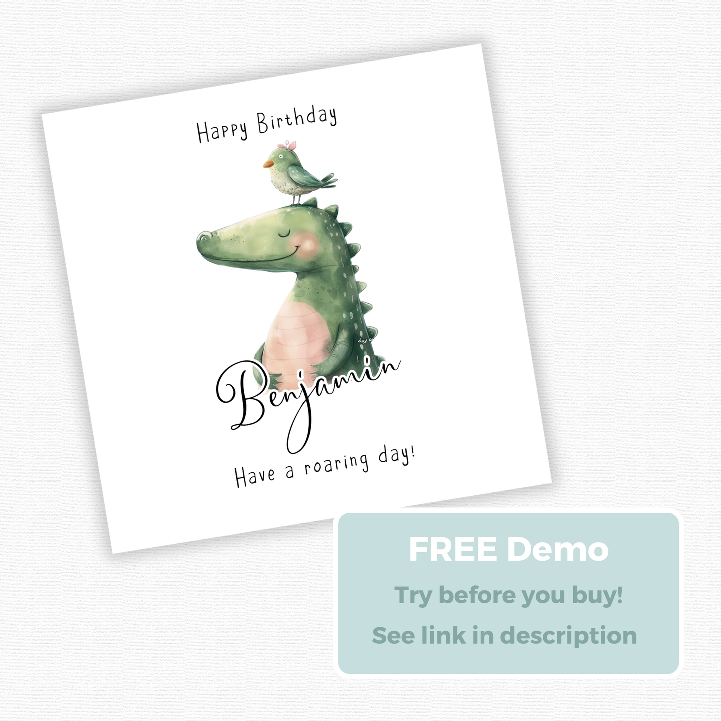 Editable Birthday Card - Dinosaur with Bird