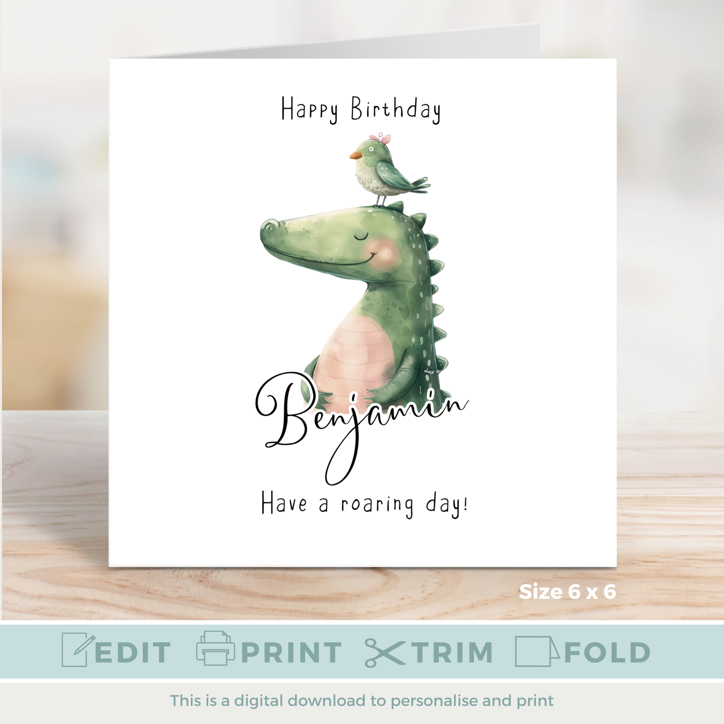 Editable Birthday Card - Dinosaur with Bird