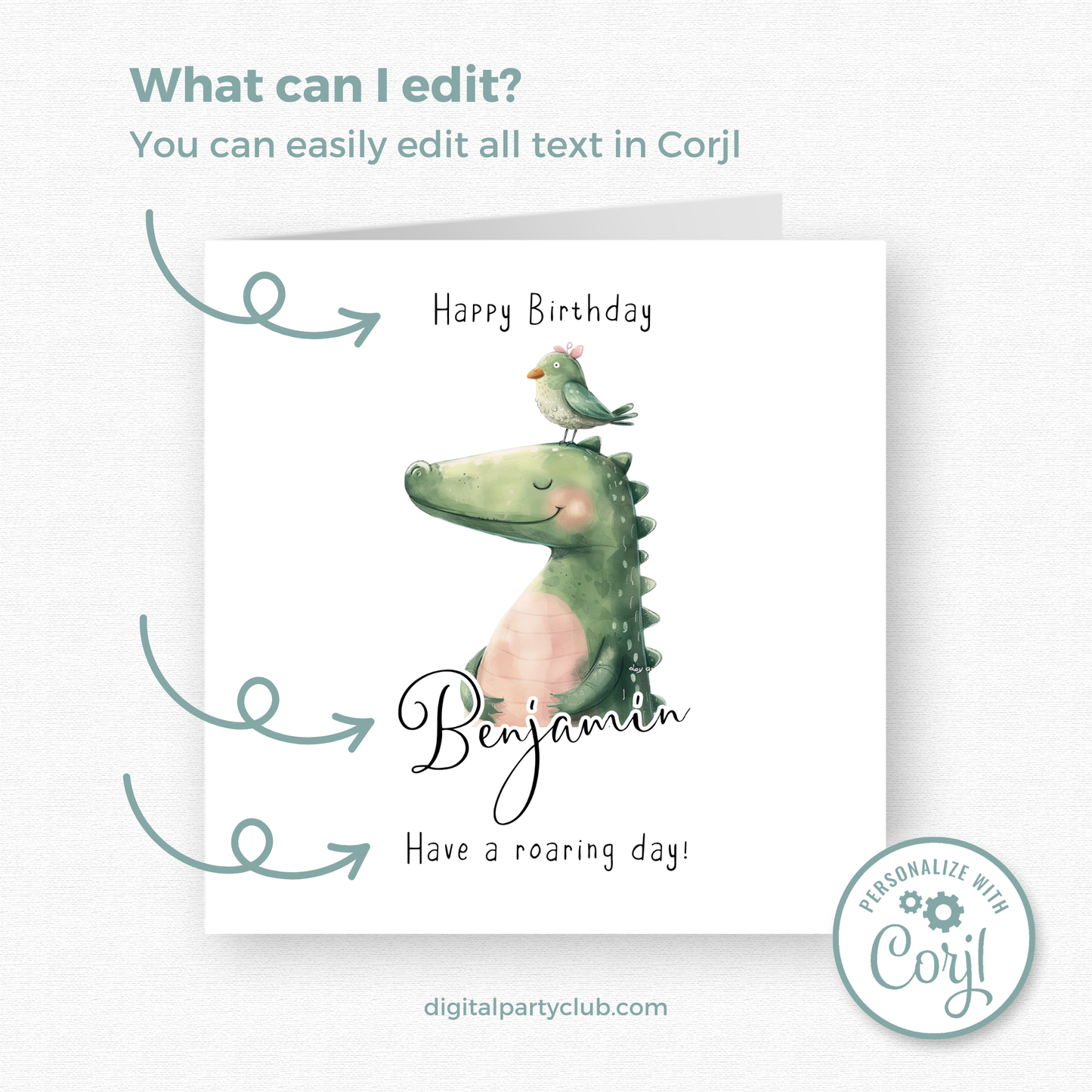 Editable Birthday Card - Dinosaur with Bird