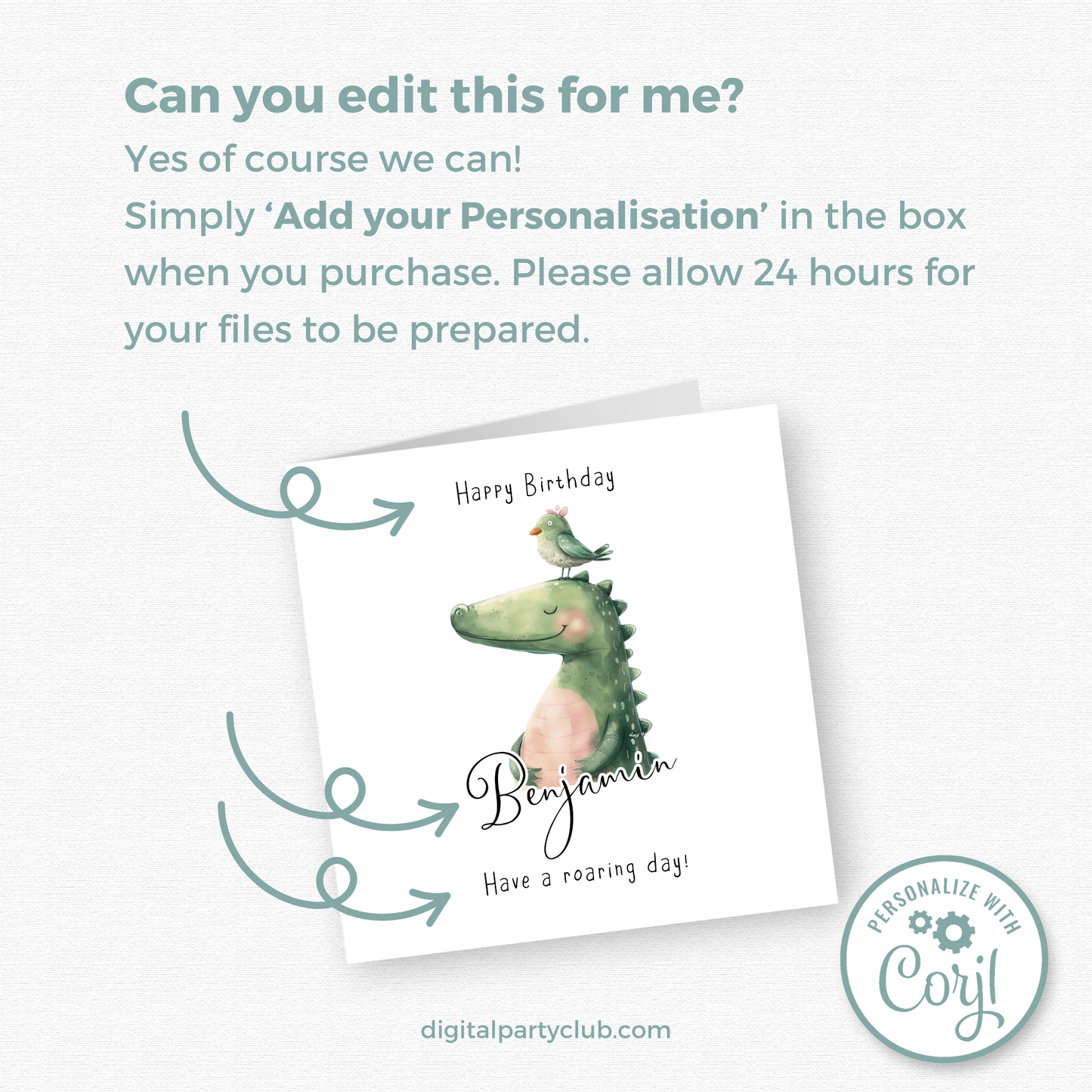 Editable Birthday Card - Dinosaur with Bird