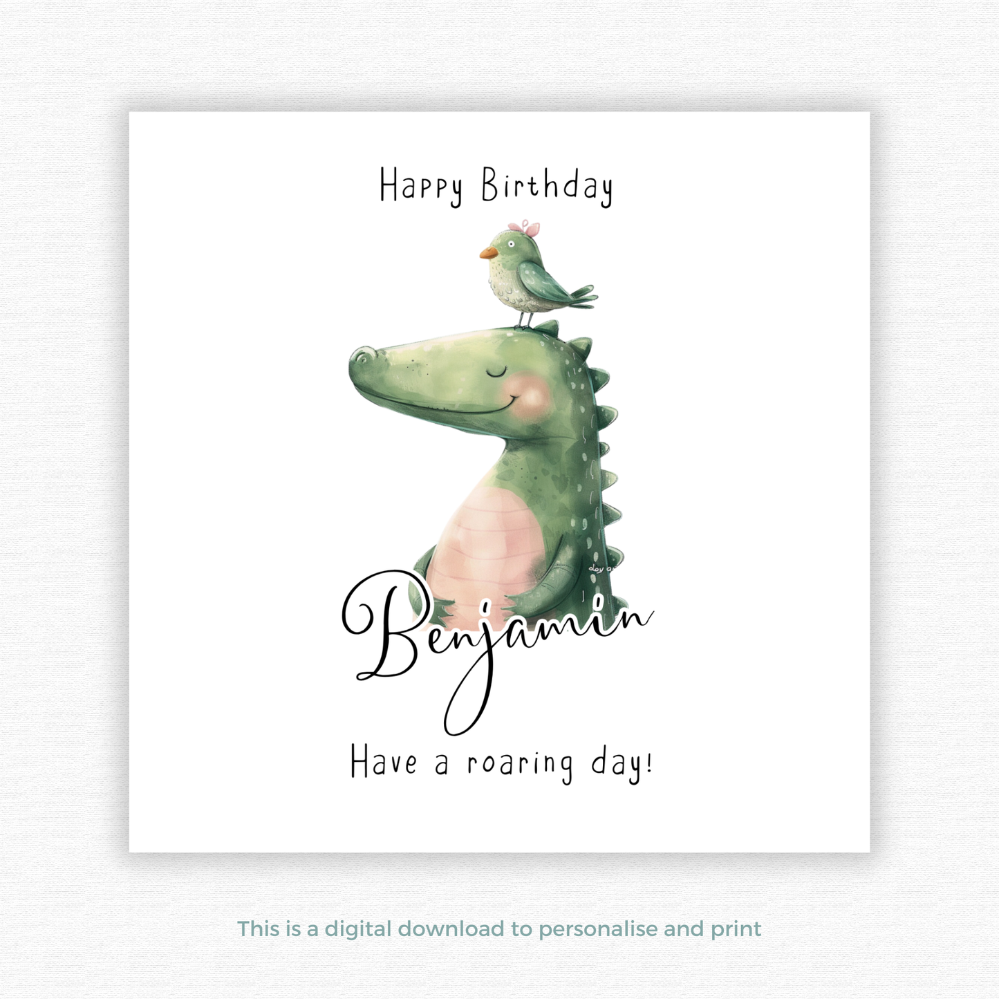 Editable Birthday Card - Dinosaur with Bird
