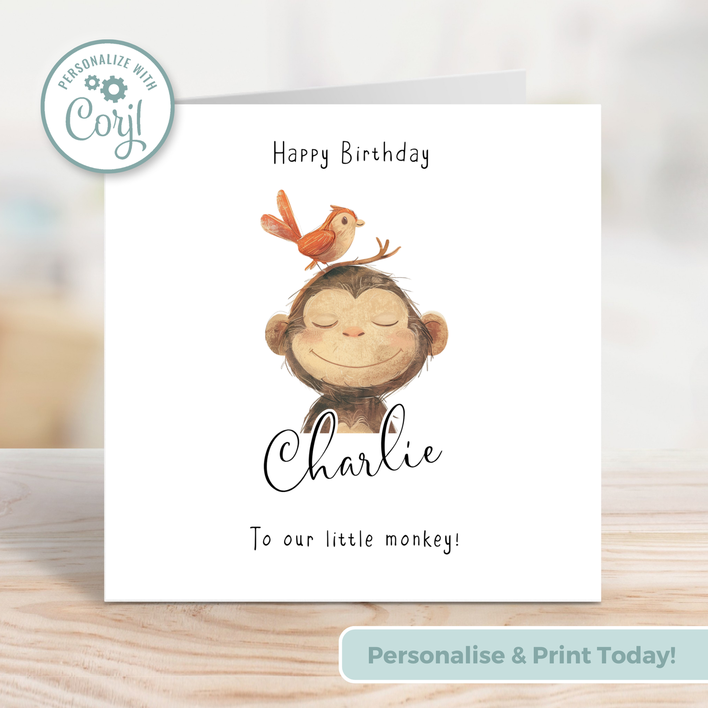Editable Birthday Card - Monkey with Bird