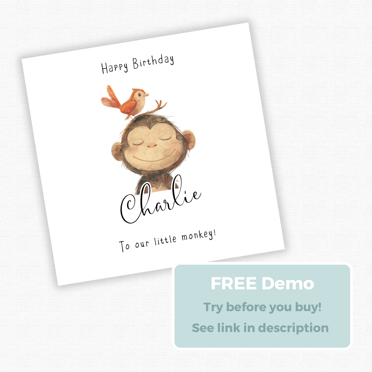 Editable Birthday Card - Monkey with Bird