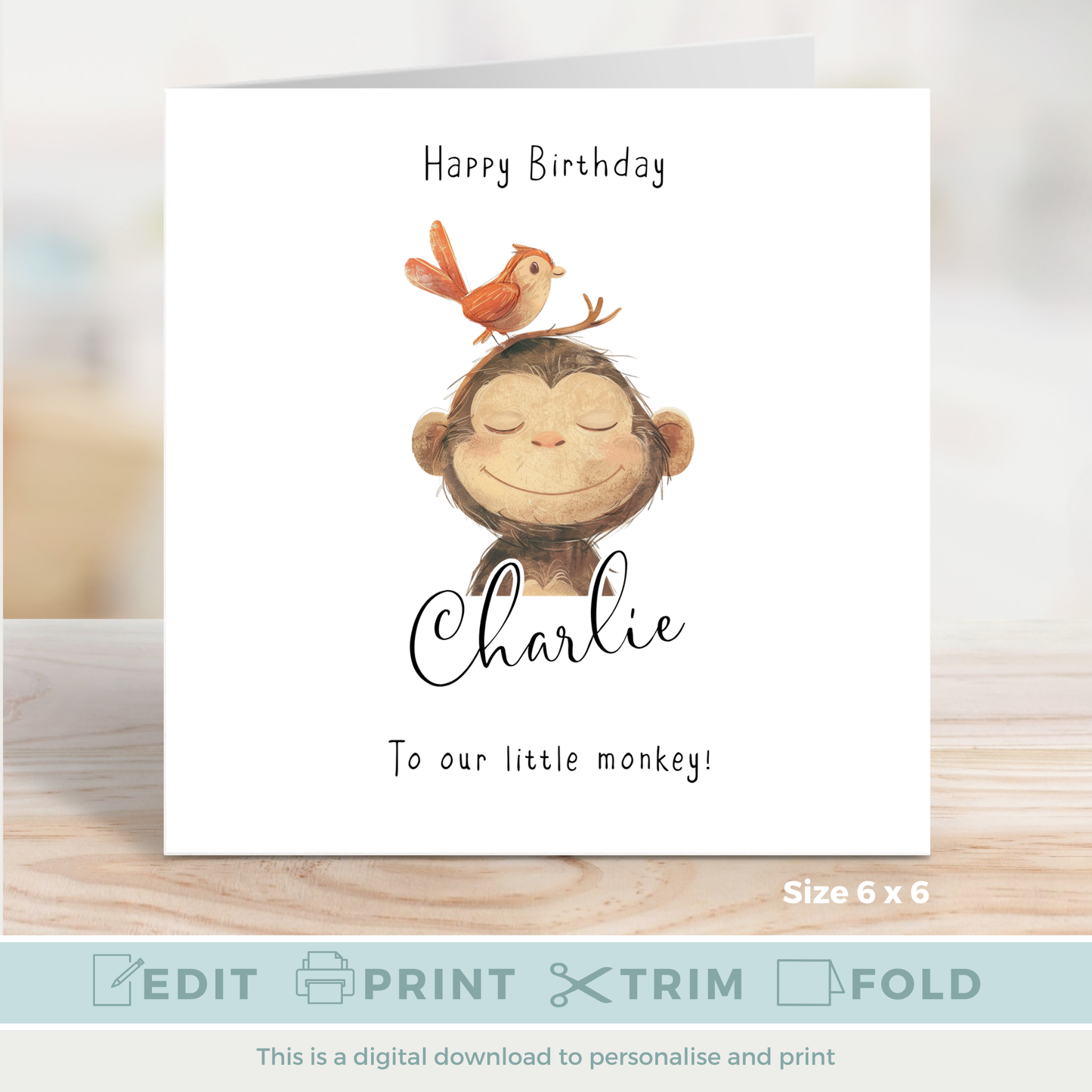 Editable Birthday Card - Monkey with Bird