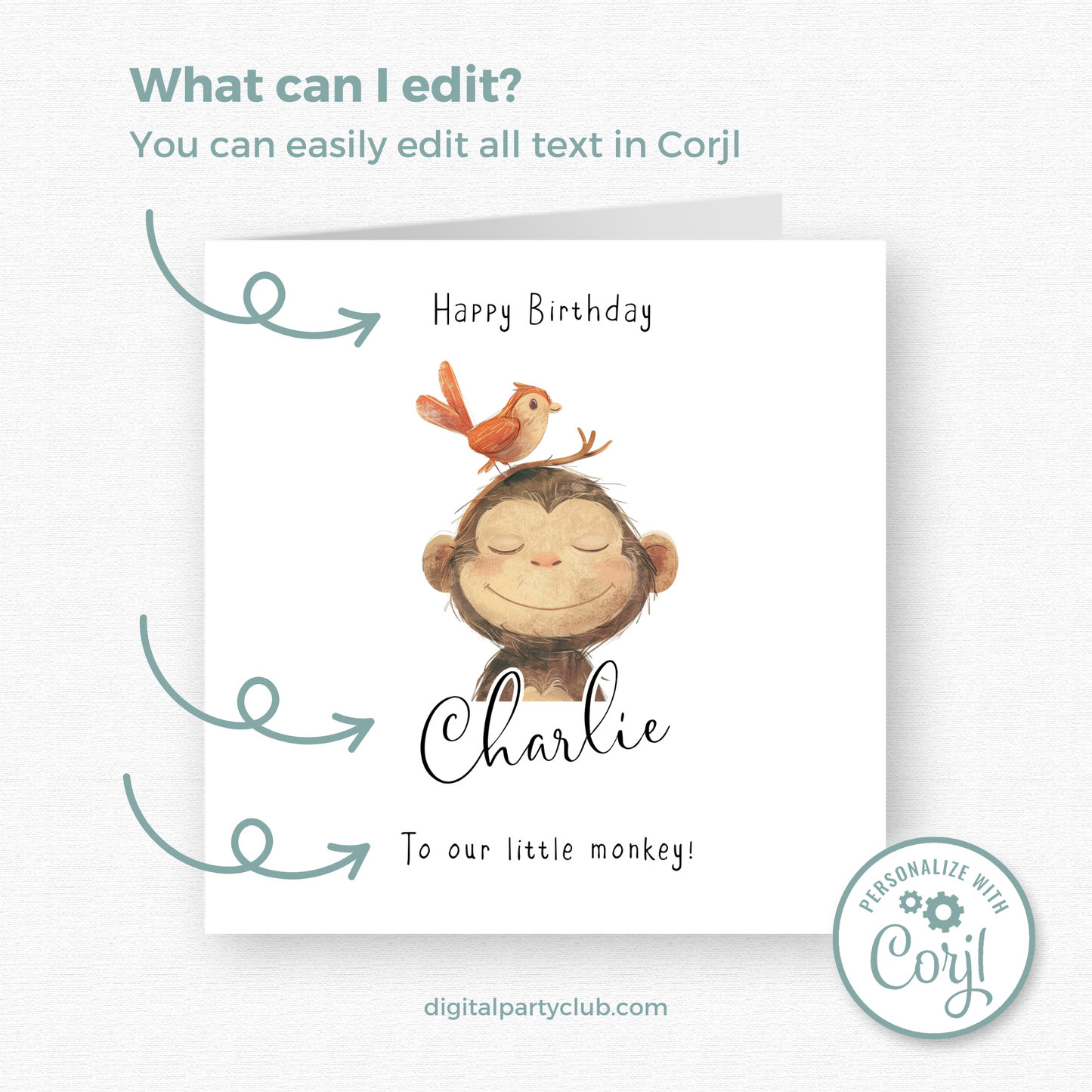 Editable Birthday Card - Monkey with Bird