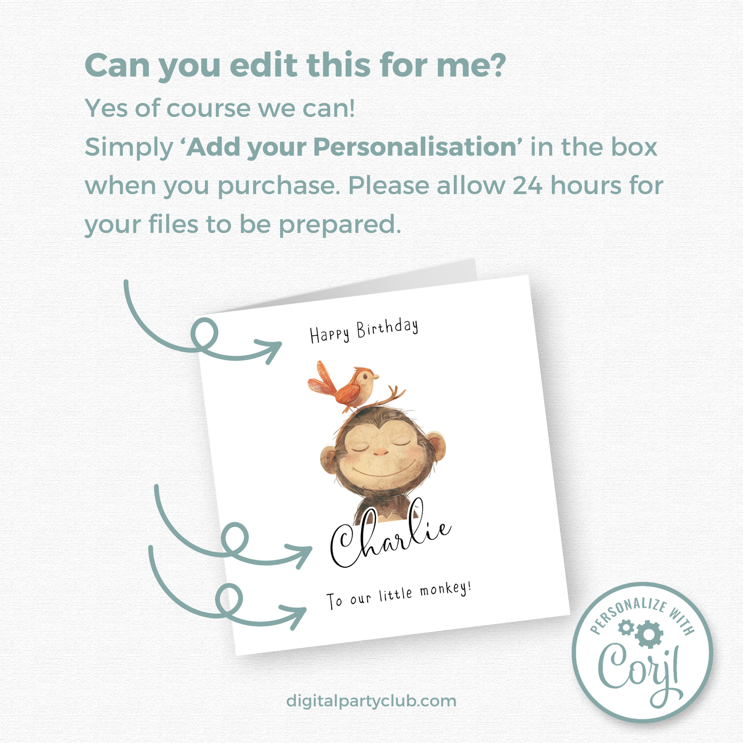 Editable Birthday Card - Monkey with Bird