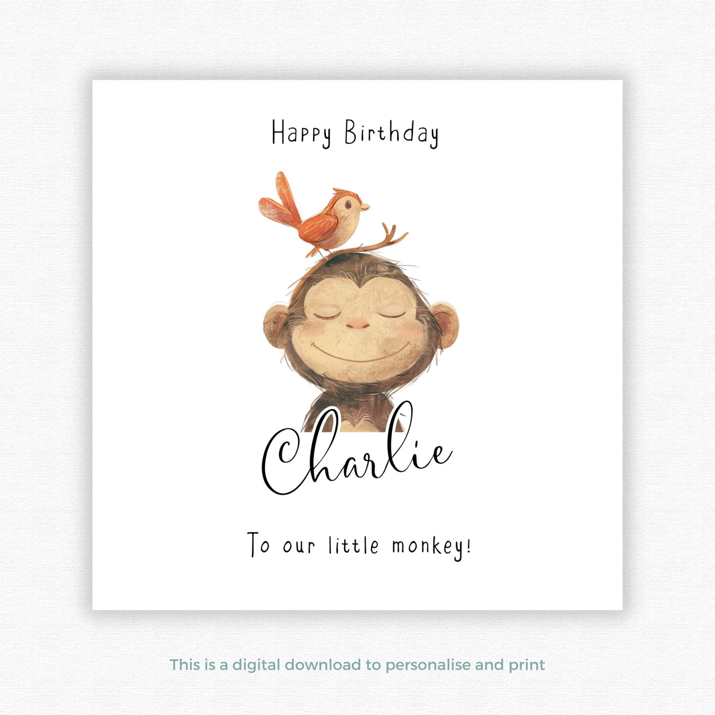 Editable Birthday Card - Monkey with Bird