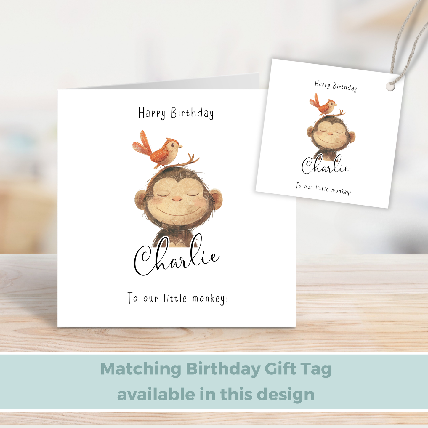 Editable Birthday Card - Monkey with Bird
