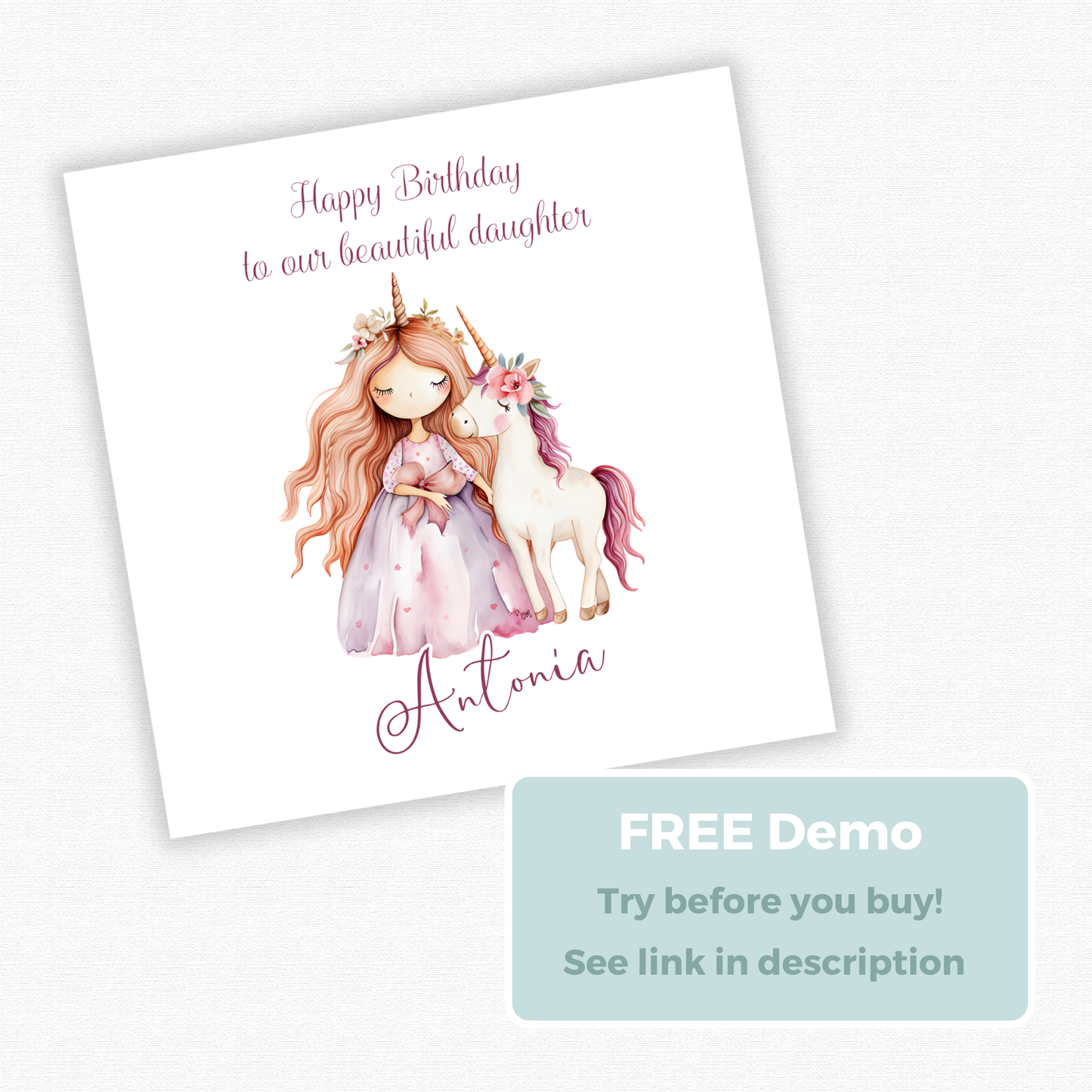 Editable Birthday Card - Princess Unicorn
