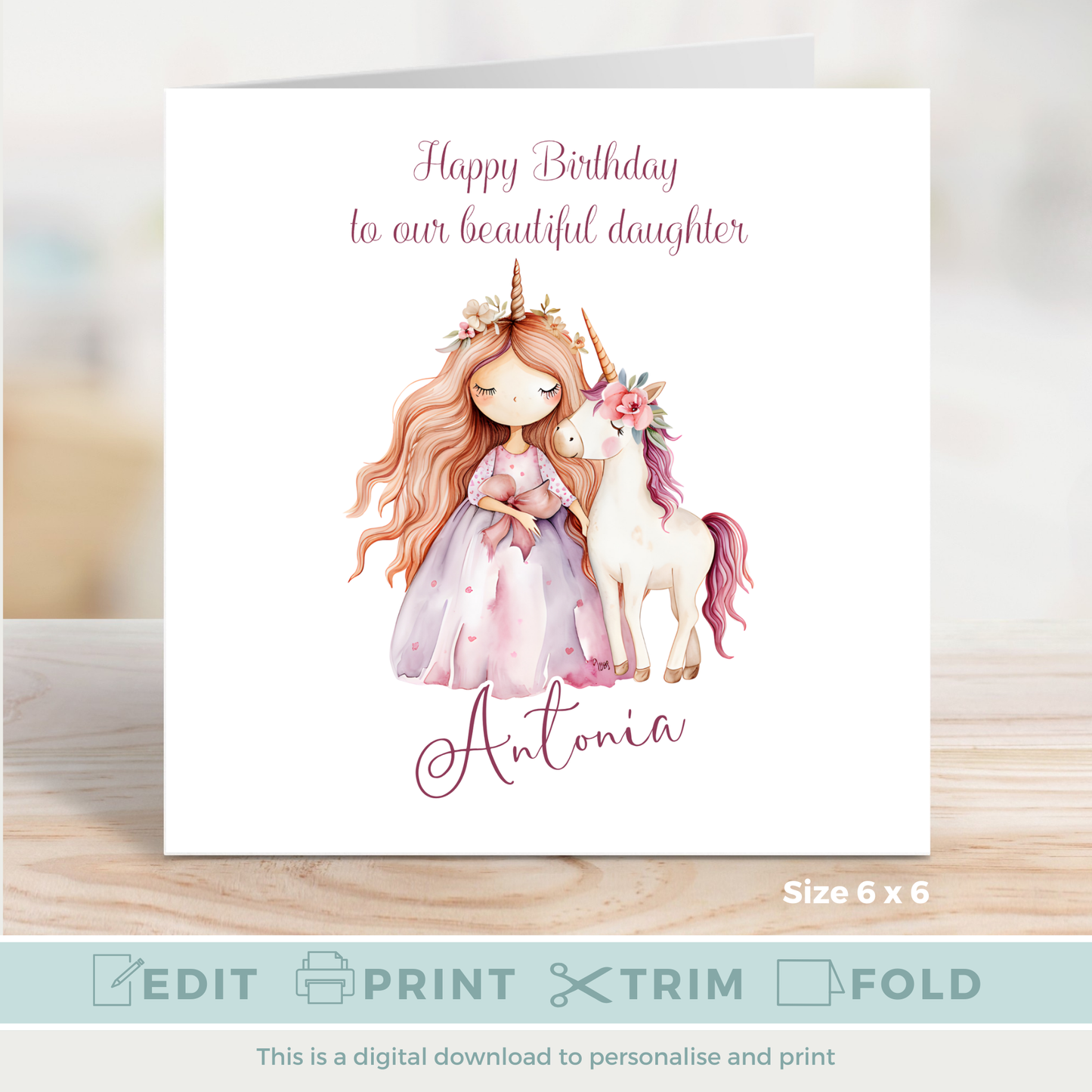 Editable Birthday Card - Princess Unicorn