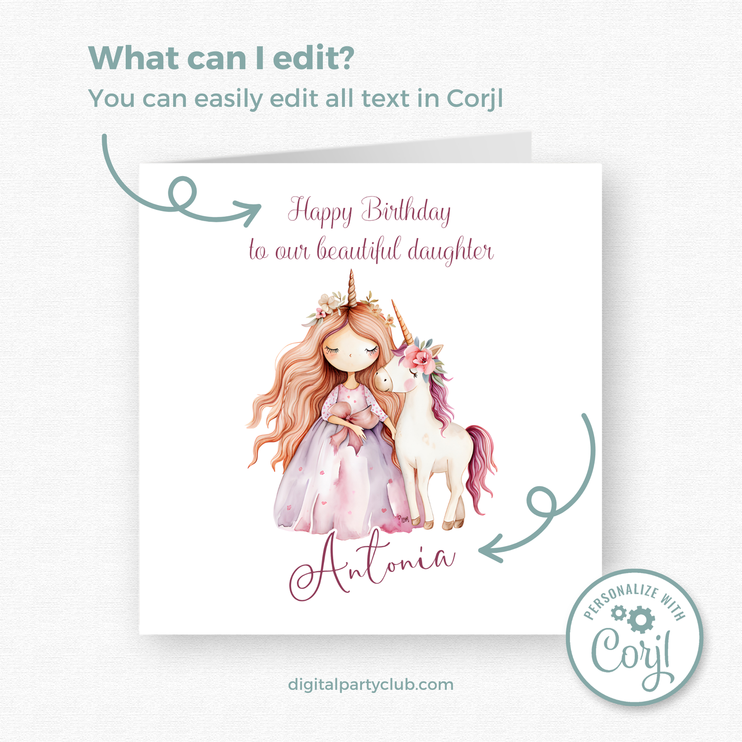 Editable Birthday Card - Princess Unicorn
