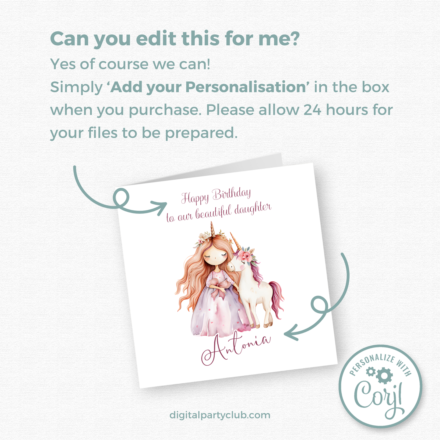 Editable Birthday Card - Princess Unicorn