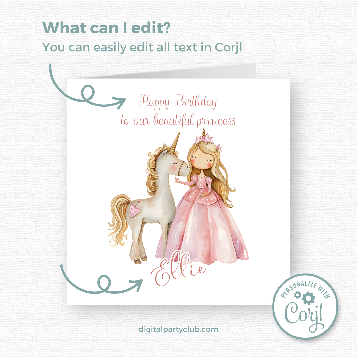 Editable Birthday Card - Princess Unicorn