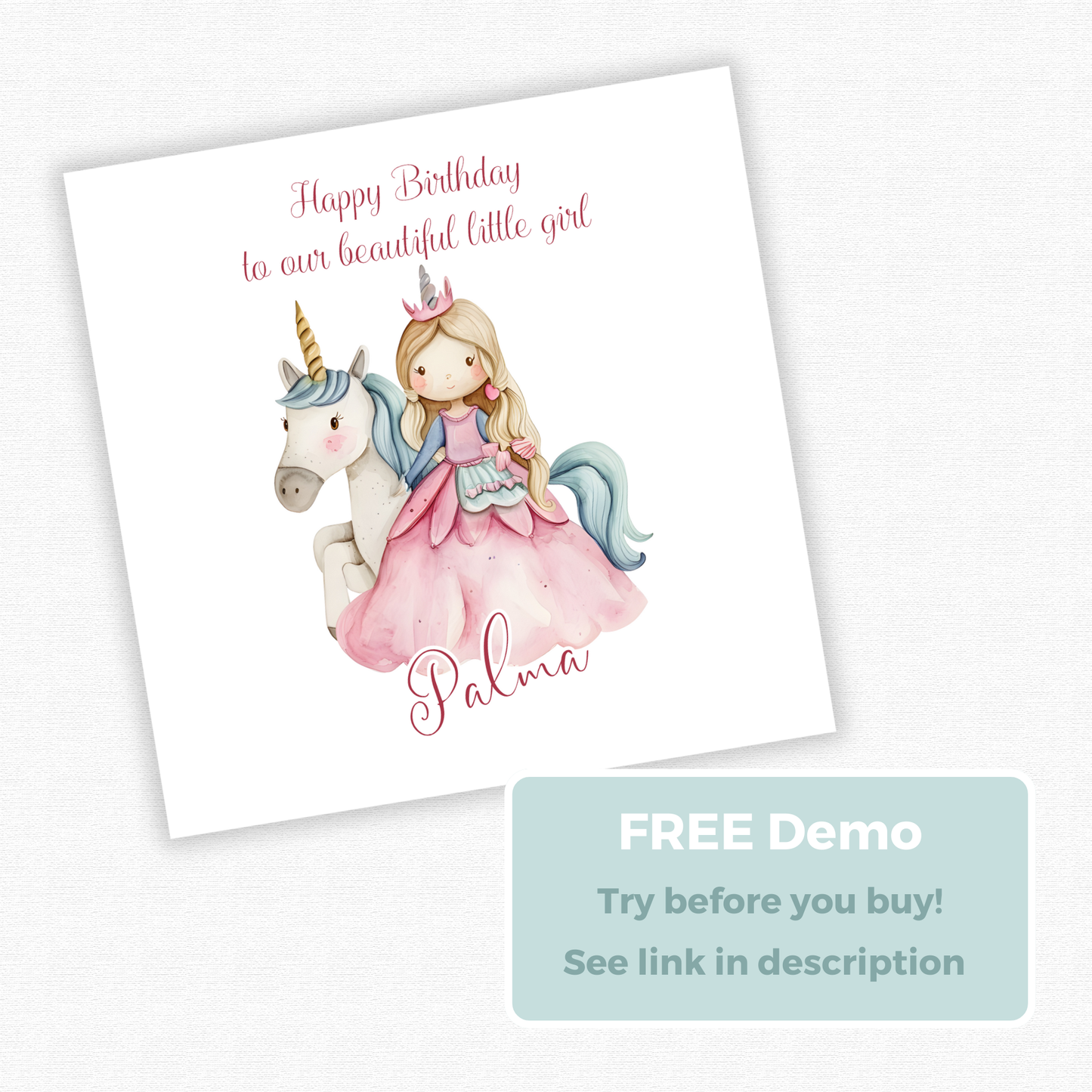 Editable Birthday Card - Princess Unicorn
