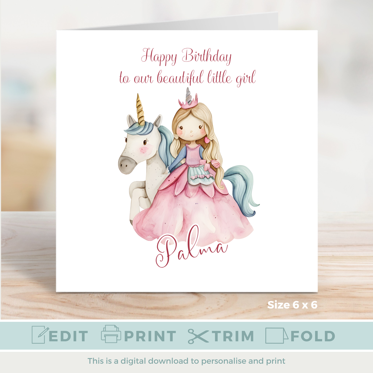 Editable Birthday Card - Princess Unicorn