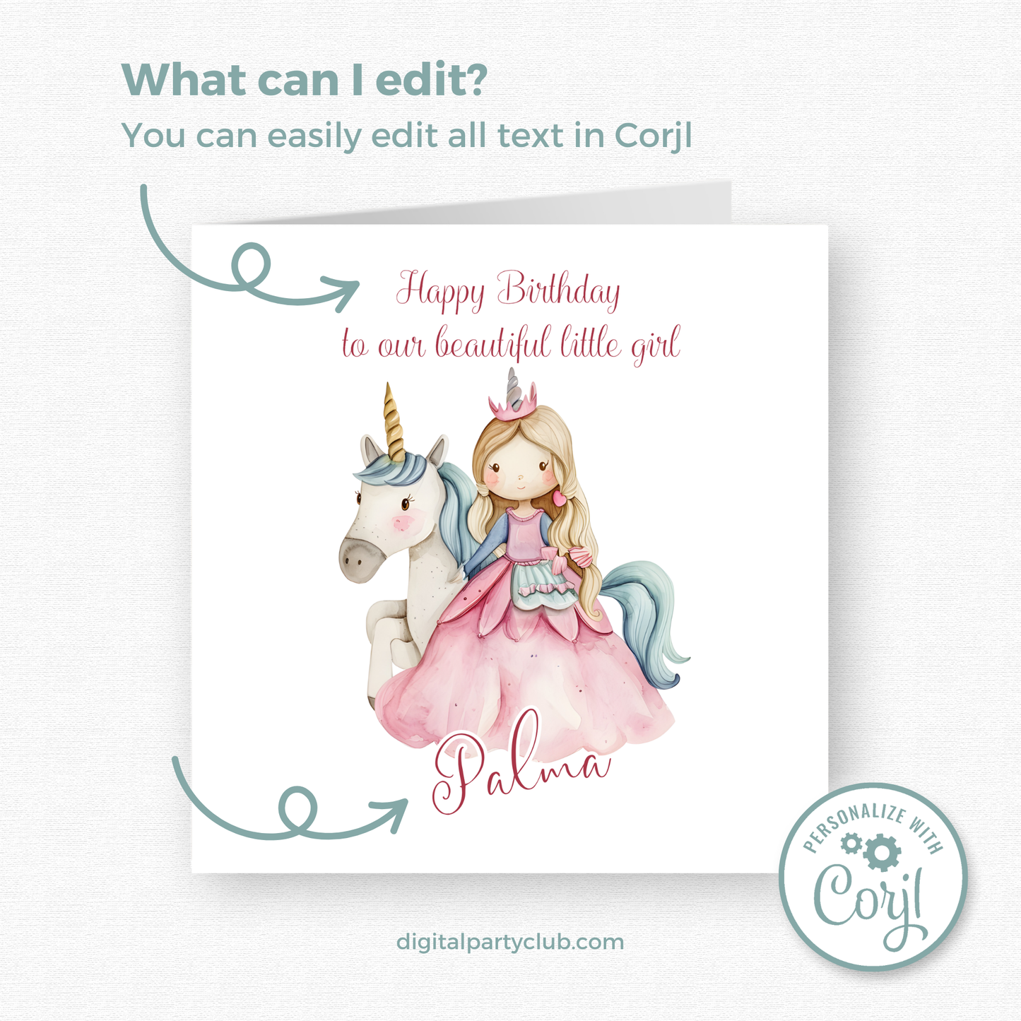 Editable Birthday Card - Princess Unicorn