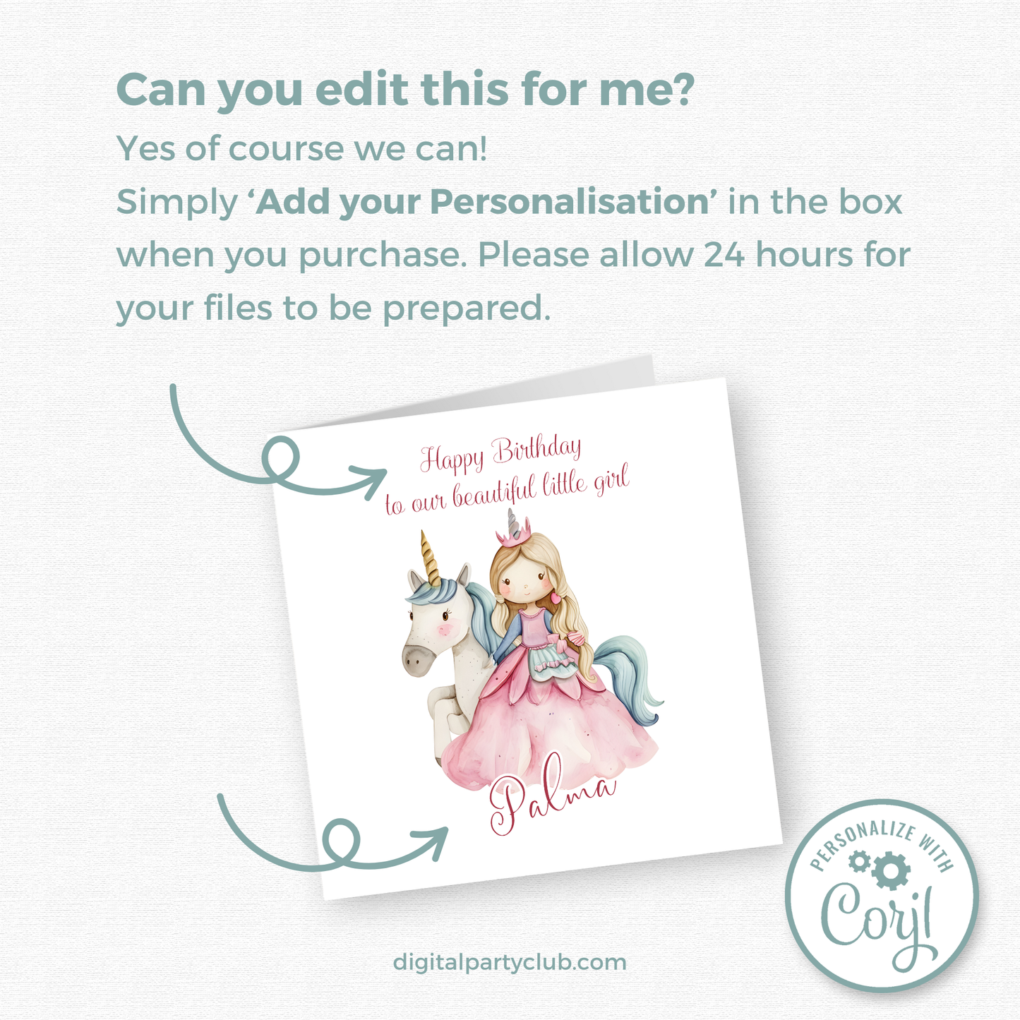 Editable Birthday Card - Princess Unicorn