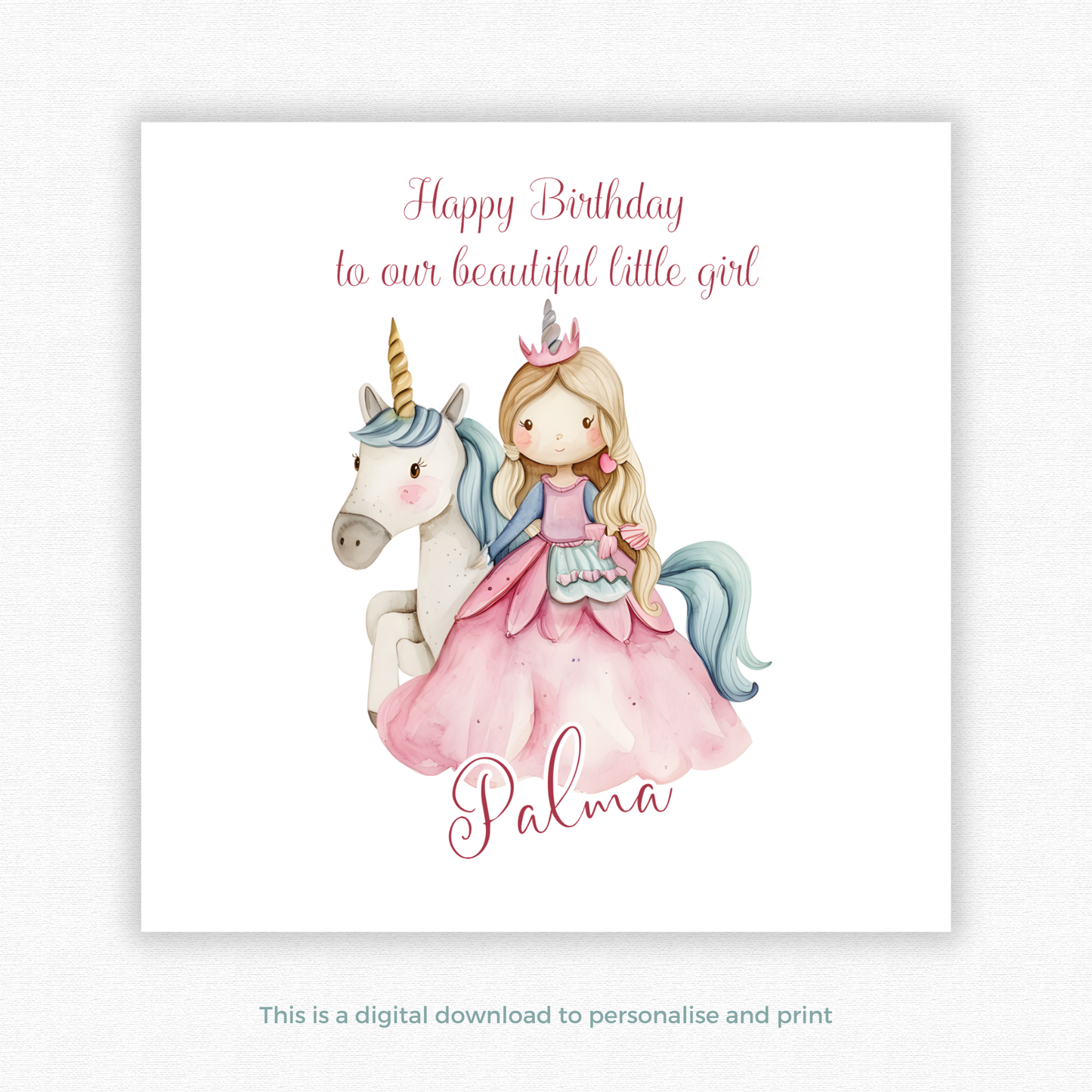 Editable Birthday Card - Princess Unicorn