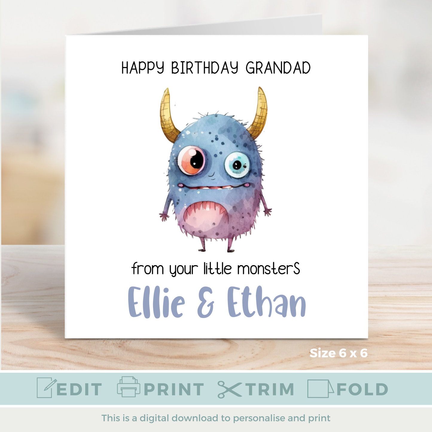 Editable Birthday Card - Grandad From Your Little Monsters