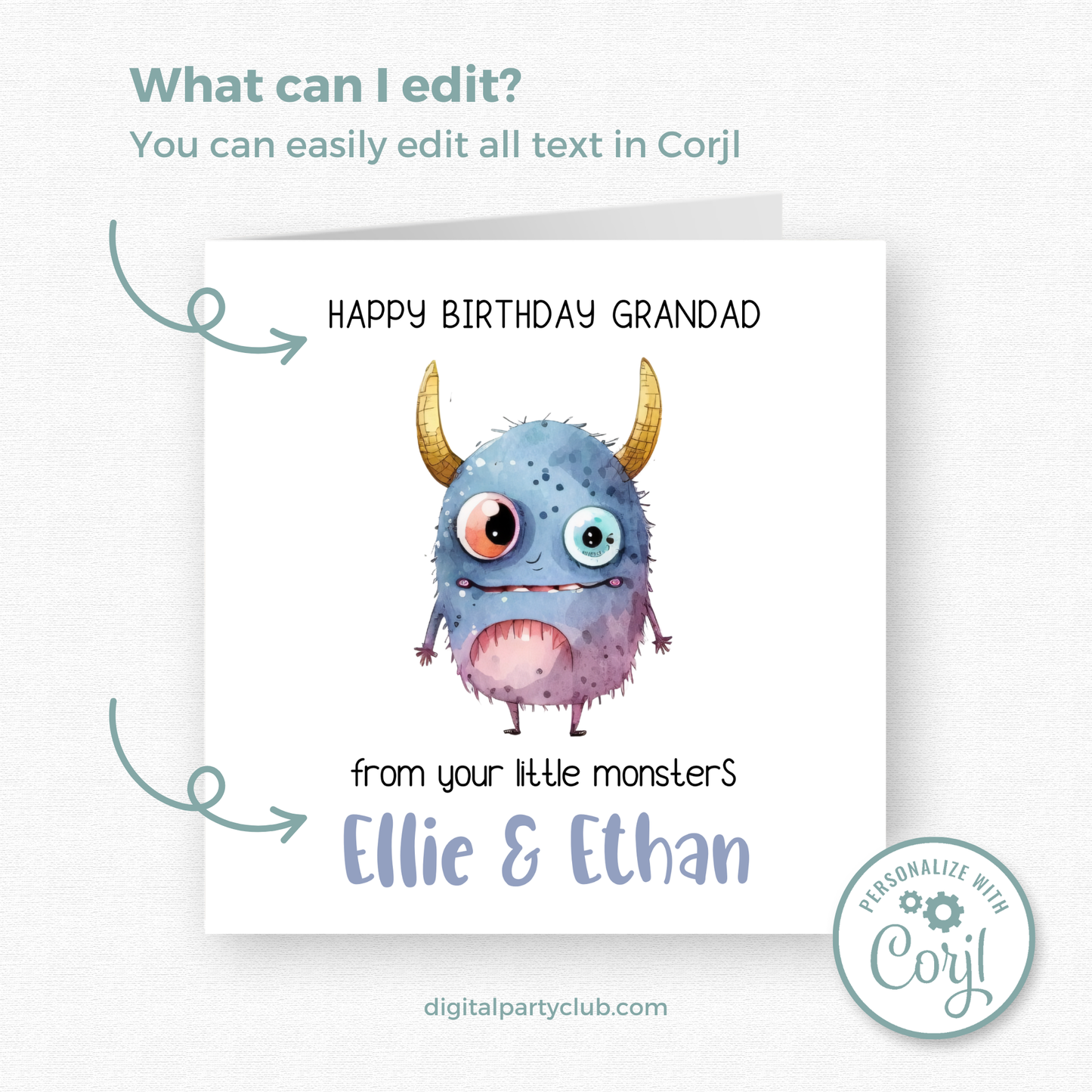 Editable Birthday Card - Grandad From Your Little Monsters