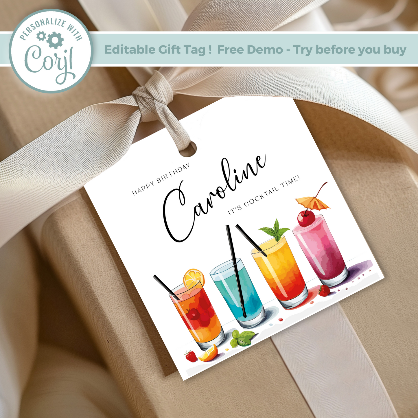 Editable Cocktail Party Birthday Gift Tag
